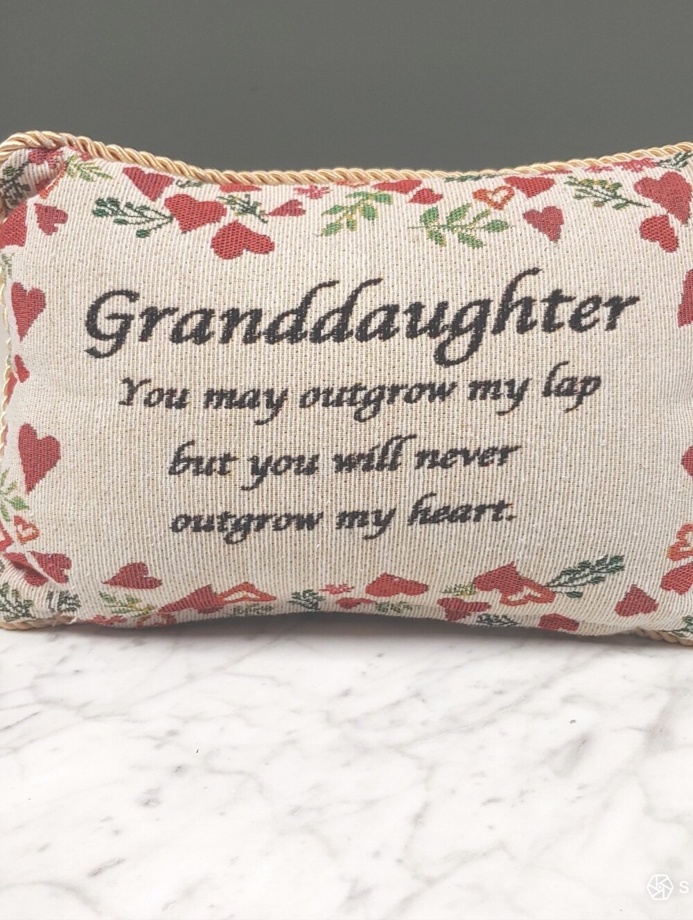 Vtg Granddaughter Tapestry Rectangle floral hearts cream red zip cottage pillow